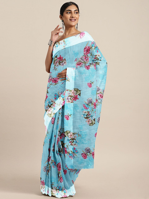 

KALINI Blue Cotton Blend Floral Printed Pochampally Saree