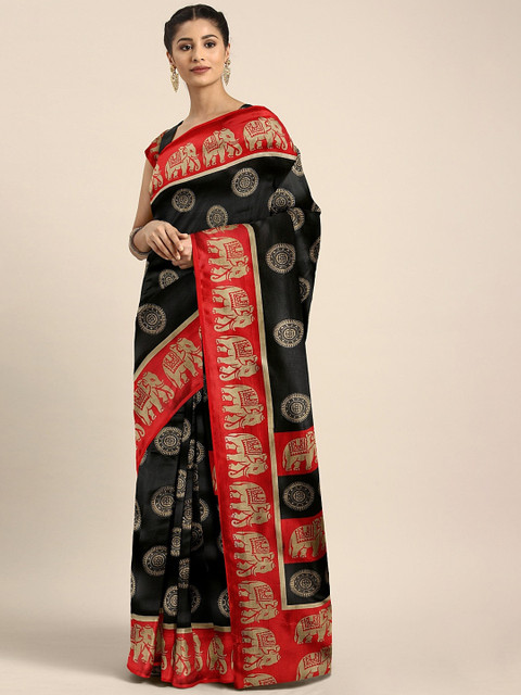 

KALINI Black & Red Art Silk Printed Mysore Silk Saree