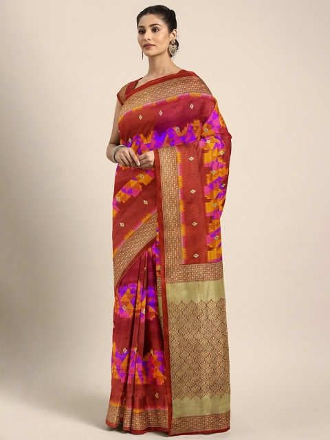 

KALINI Maroon & Mustard Yellow Art Silk Printed Mysore Silk Saree
