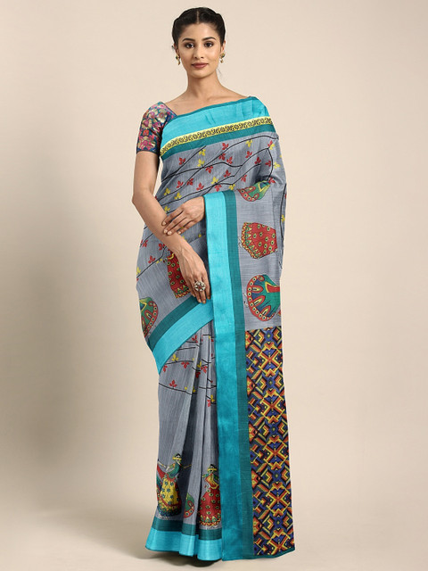 

KALINI Grey & Black Art Silk Printed Mysore Silk Saree