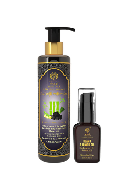 

KHADI ESSENTIALS Set of 2 Charcoal Lemongrass Face Cleanser & Beard Growth Oil - 230 ml, Black