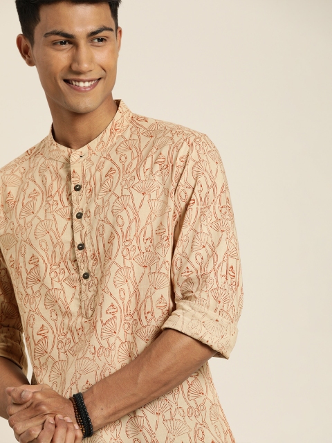 

Taavi Men Cream-Coloured & Maroon Bagru Hand Block Print Straight Kurta