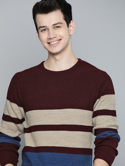 

Mast & Harbour Men Burgundy & Beige Striped Pullover Sweater