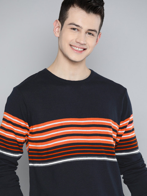 

Mast & Harbour Men Acrylic Navy Blue & Coral Orange Striped Pullover