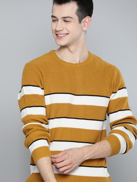 

Mast & Harbour Men Mustard Yellow & White Striped Pullover