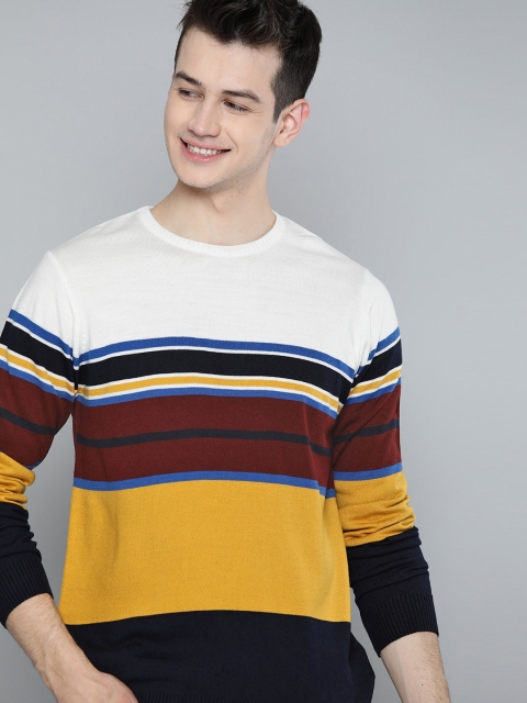 

Mast & Harbour Men Mustard Yellow & White Striped Acrylic Pullover