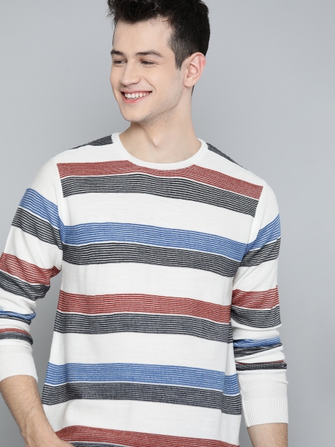 

Mast & Harbour Men White & Charcoal Grey Striped Pullover