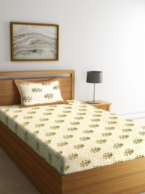 

Rajasthan Decor Beige Floral 144 TC Cotton 1 Single Bedsheet with 1 Pillow Covers