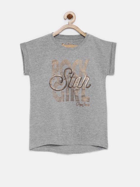 

Pepe Jeans Girls Grey Melange Printed Pure Cotton T-shirt
