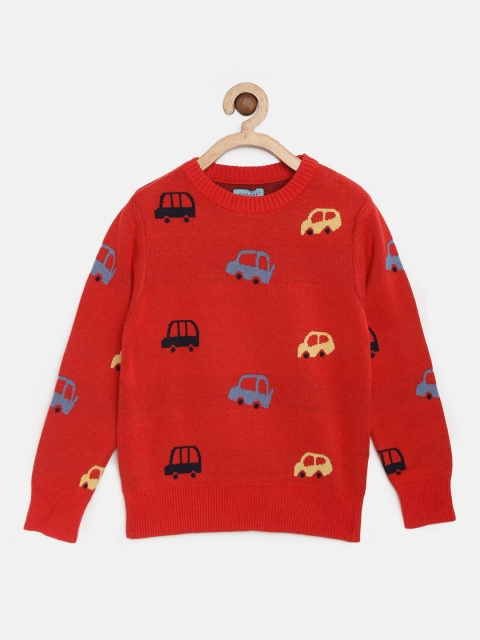 

Nauti Nati Boys Red & Blue Car Patterned Self Design Pullover Sweater