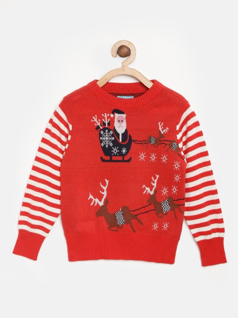 

Nauti Nati Boys Red & Navy Blue Santa Claus Self Design Patterned Pullover Sweater