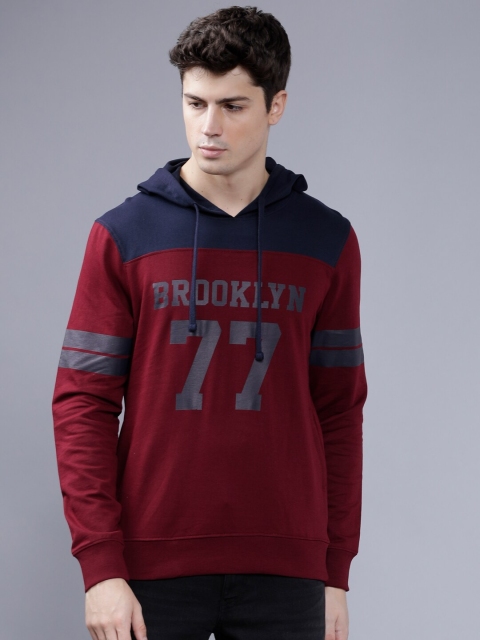 

The Indian Garage Co Men Burgundy & Blue Colourblocked Hooded Sweatshirt