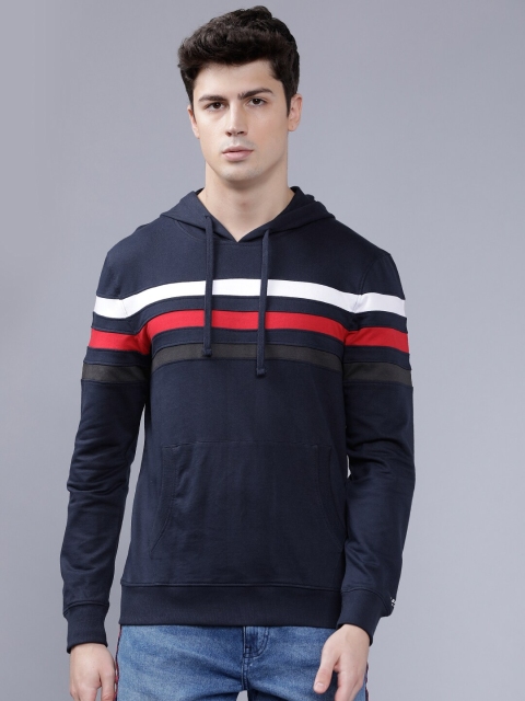 

The Indian Garage Co Men Navy Blue Striped Hooded Sweatshirt