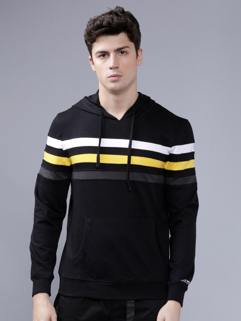 

The Indian Garage Co Men Black Striped Hooded Sweatshirt