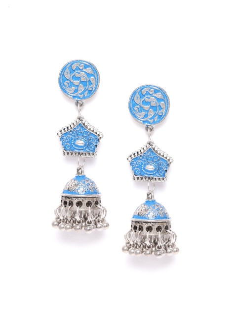 

DIVA WALK Blue Silver-Plated Beaded Handcrafted Dome Shaped Jhumkas