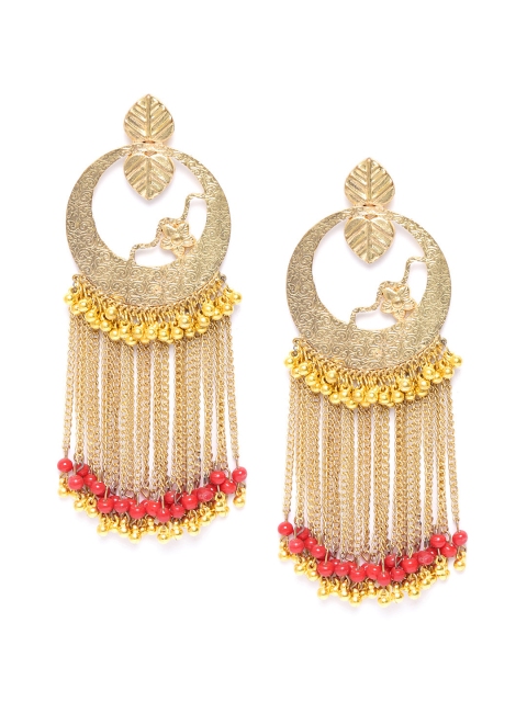 

DIVA WALK Red Gold-Plated Textured Beaded Handcrafted Tasselled Circular Drop Earrings