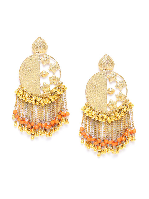 

DIVA WALK Orange Gold-Plated Beaded Handcrafted Tasseled Classic Drop Earrings