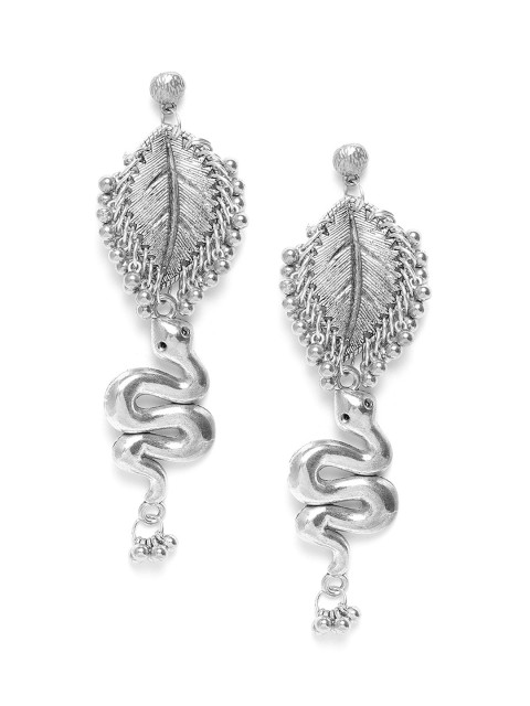 

DIVA WALK Oxidised Silver-Plated Beaded Handcrafted Snake & Leaf Shaped Drop Earrings