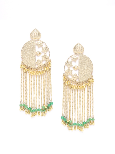 

DIVA WALK Green Gold-Plated Textured Beaded Handcrafted Tasselled Circular Drop Earrings