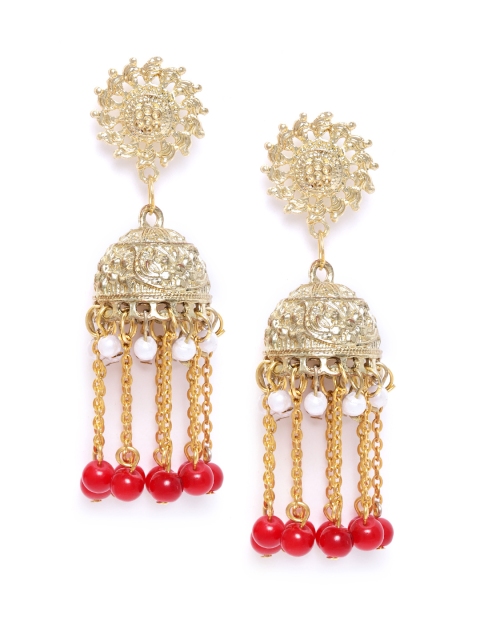 

DIVA WALK Red Gold-Plated Beaded Handcrafted Dome Shaped Jhumkas