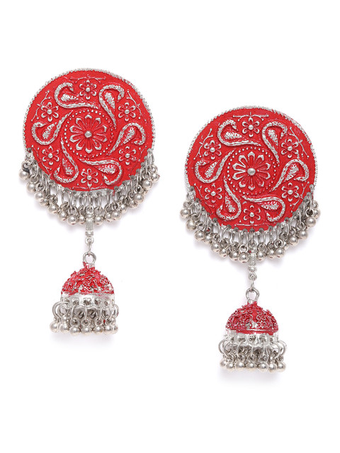 

DIVA WALK Red Silver-Plated Textured Handcrafted Dome Shaped Jhumkas