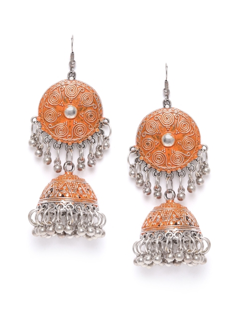 

DIVA WALK Orange Silver-Plated Handcrafted Dome Shaped Jhumkas