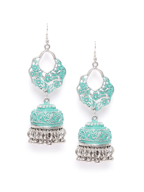 

DIVA WALK Sea Green Silver-Plated Textured Beaded Handcrafted Dome Shaped Jhumkas
