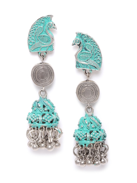 

DIVA WALK Sea Green Silver-Plated Textured Handcrafted Dome Shaped Jhumkas