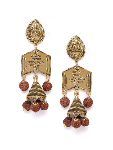 

DIVA WALK Brown Antique Gold-Plated Goddess Laxmi Handcrafted Dome Shaped Jhumkas