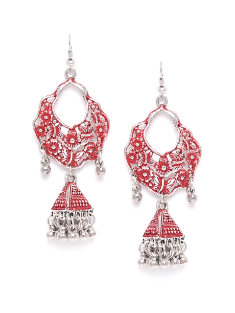 

DIVA WALK Red Silver-Plated Handcrafted Dome Shaped Jhumkas