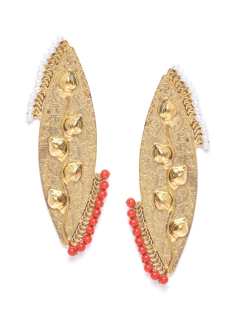 

DIVA WALK Orange & White Gold-Plated Beaded Handcrafted Leaf Shaped Drop Earrings