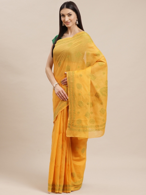 

ADA Mustard Yellow & Green Pure Cotton Chikankari Embroidered Sustainable Saree