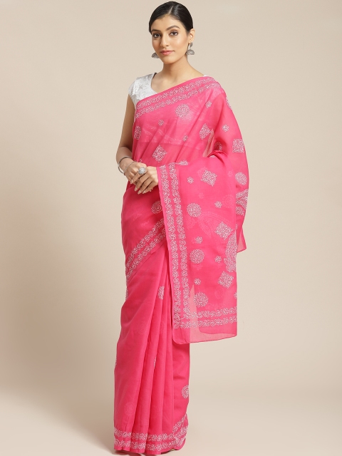 

ADA Pink & White Chikankari Embroidered Sustainable Handloom Saree