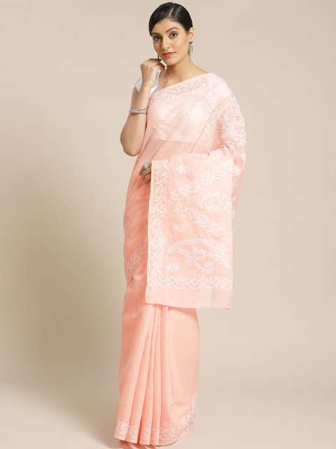 

ADA Peach-Coloured & White Chikankari Embroidered Sustainable Saree