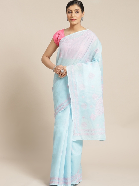 

ADA Blue & Pink Pure Cotton Chikankari Hand Embroidered Sustainable Saree