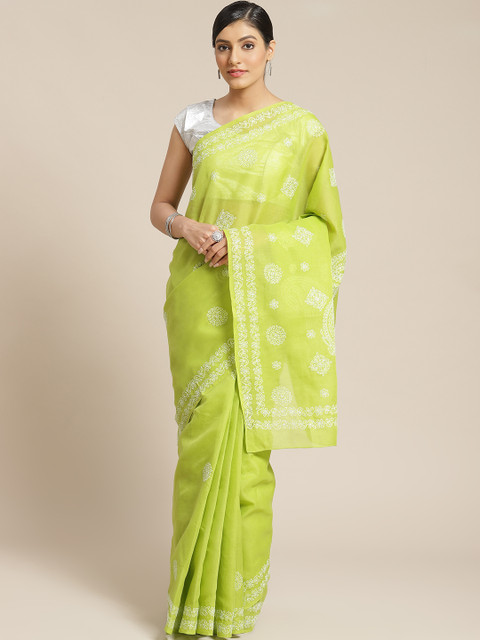 

ADA Green & White Pure Cotton Embroidered Sustainable Saree, Lime green