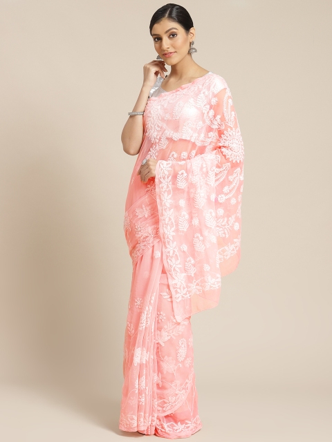 

ADA Peach-Coloured & White Chikankari Embroidered Saree