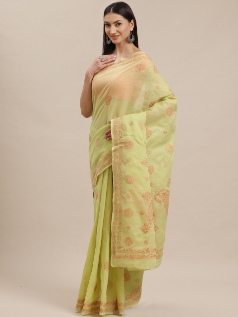 

ADA Green & Coral Red Pure Cotton Chikankari Embroidered Sustainable Saree