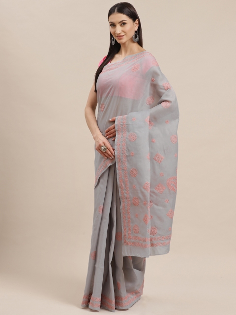 

ADA Grey & Pink Pure Cotton Chikankari Embroidered Sustainable Saree