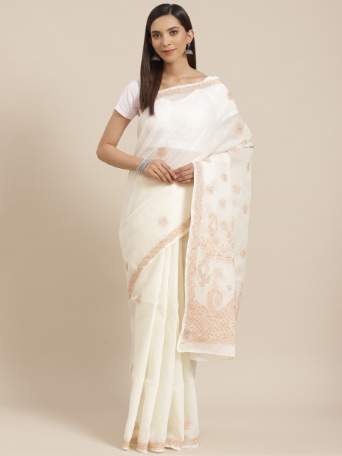 

ADA Off-White & Mustard Yellow Pure Cotton Chikanakri Hand Embroidered Sustainable Saree