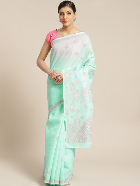 

ADA Sea Green & Pink Pure Cotton Chikankari Embroidered Sustainable Saree