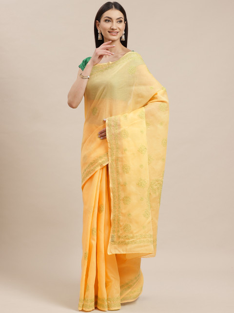 

ADA Yellow & Green Pure Cotton Chikankari Embroidered Sustainable Saree