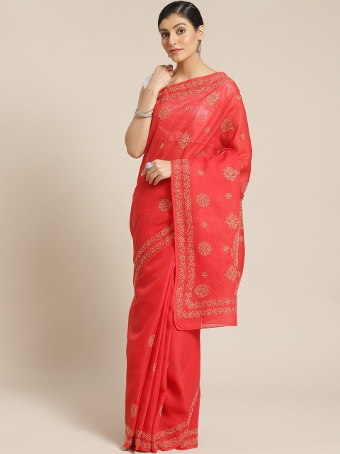 

ADA Red & Yellow Pure Cotton Chikankari Embroidered Sustainable Saree