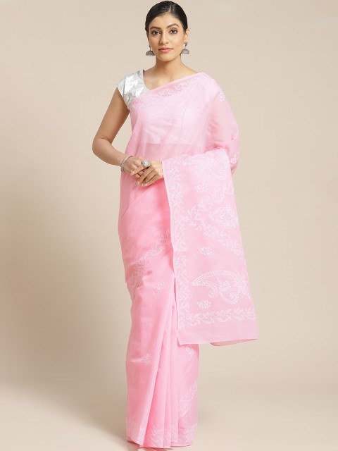 

ADA Pink & White Chikankari Hand Embroidered Sustainable Saree