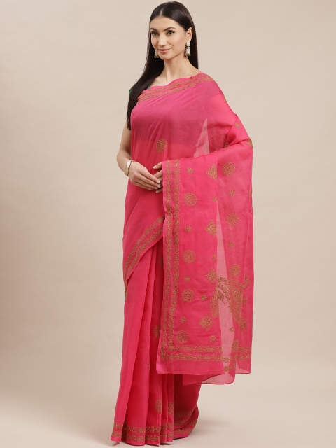 

ADA Pink & Green Chikankari Embroidered Sustainable Saree