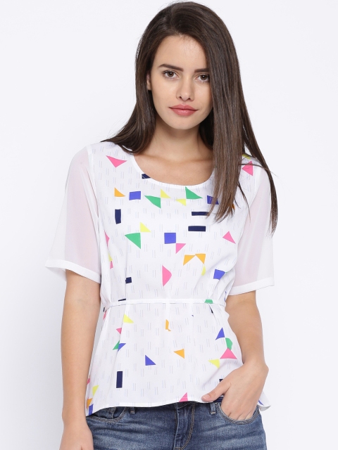 

United Colors of Benetton Women White & Blue Geometric Print REgular Top