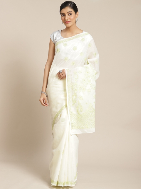 

ADA Cream-Coloured & Green Pure Cotton Chikankari Embroidered Saree