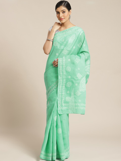 

ADA Green & White Pure Cotton Chikankari Hand Embroidered Sustainable Saree