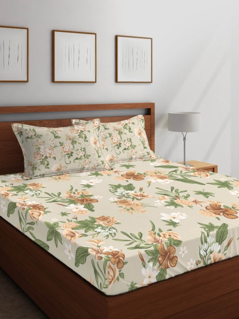 

Layers Beige & Green Floral 104 TC Cotton 1 Queen Bedsheet with 2 Pillow Covers