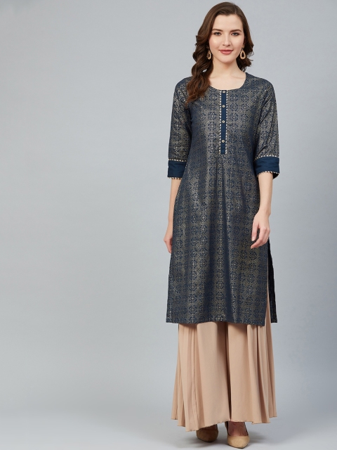 

Rangriti Women Navy Blue & Golden Printed Straight Kurta